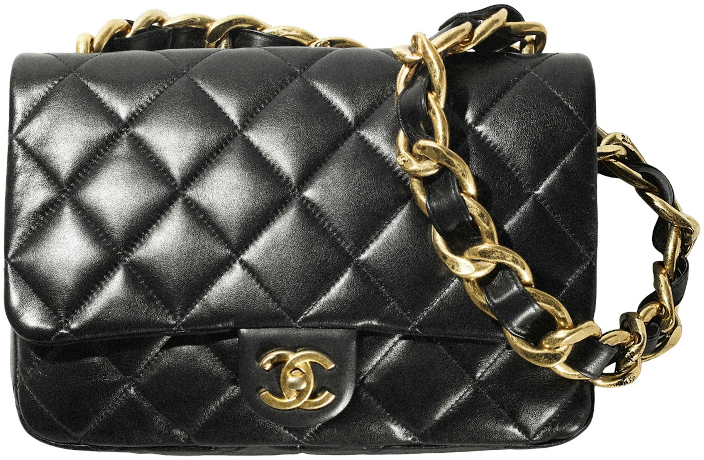 Flap Bag with Chunky Chain Strap Large 22S Black in with Gold-tone - US