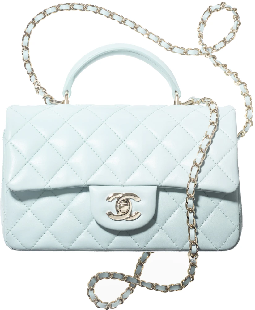 Chanel Flap Bag with Top Handle Mini Baby Blue in Lambskin Leather with  Gold-tone - US