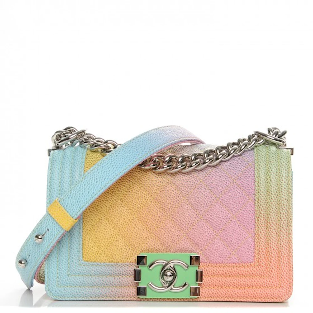 Chanel Cuba Rainbow Flap Boy Quilted Diamond Small Pink/Yellow/Blue/Green  in Caviar with Silver-tone - US