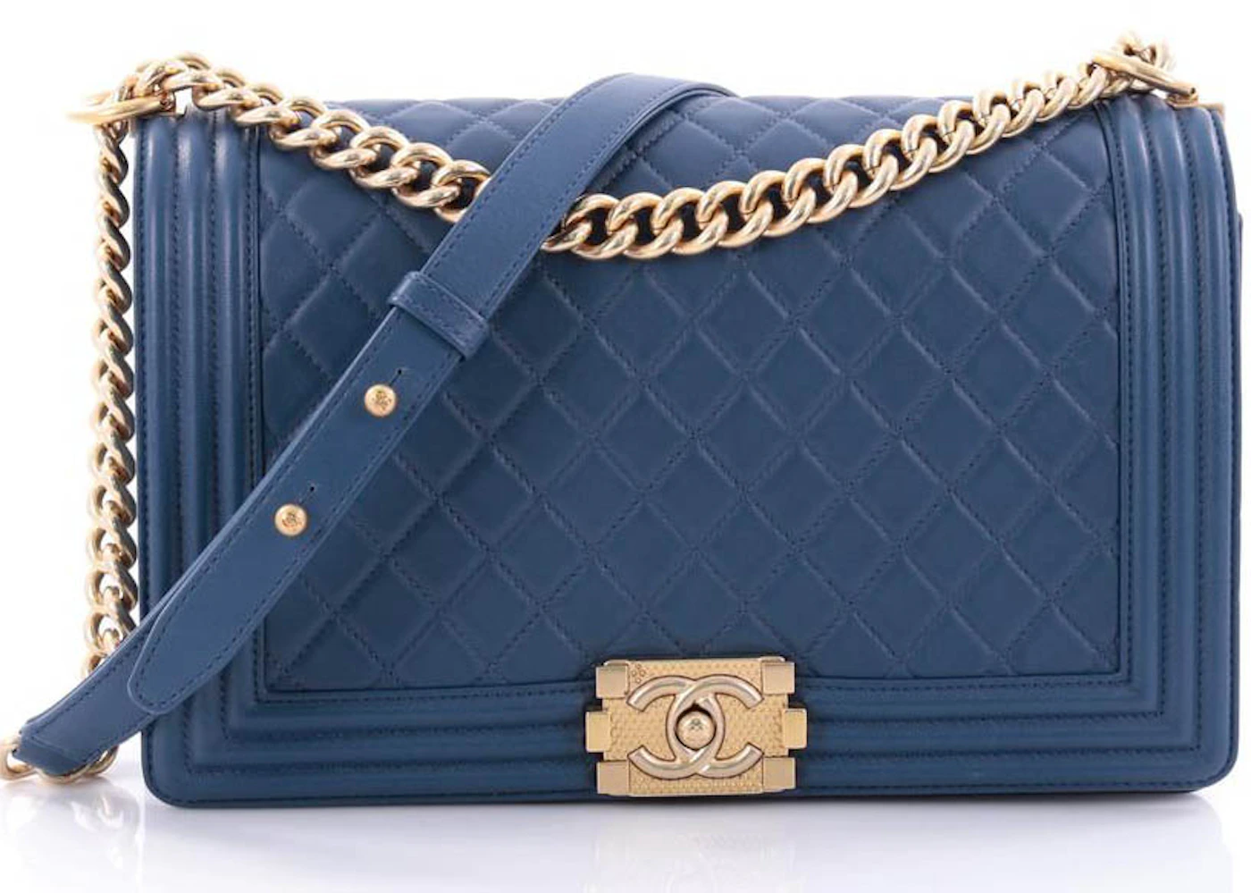 Chanel Boy Flap Quilted Diamond New Medium Blue in Calfskin with Gold-Tone  - US