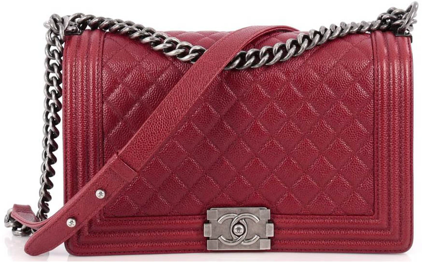 Chanel Boy Flap Quilted Diamond New Medium Red in Caviar with Silver-tone -  US