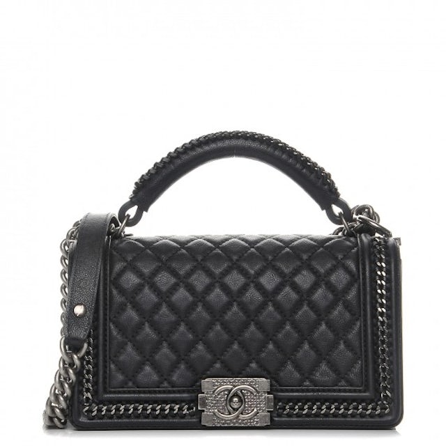 Chanel Boy Top Handle Quilted Chain Medium Black in Calfskin with  Silver-Tone - US