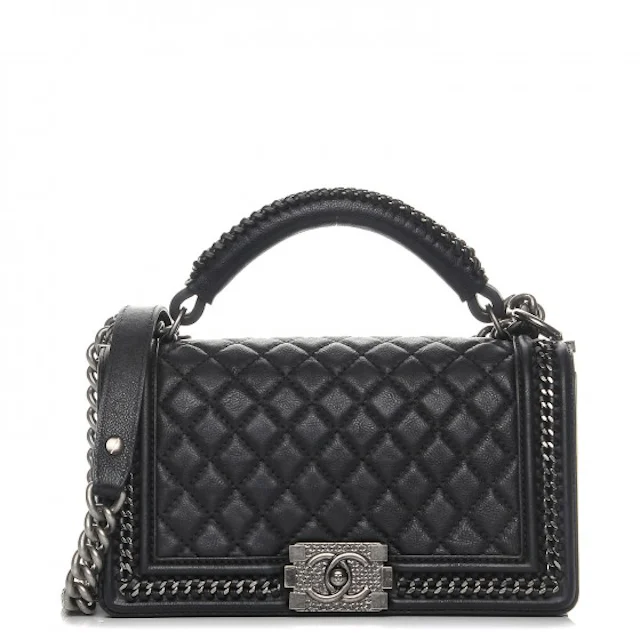 Chanel Boy Top Handle Quilted Chain Medium Black in Calfskin with ...