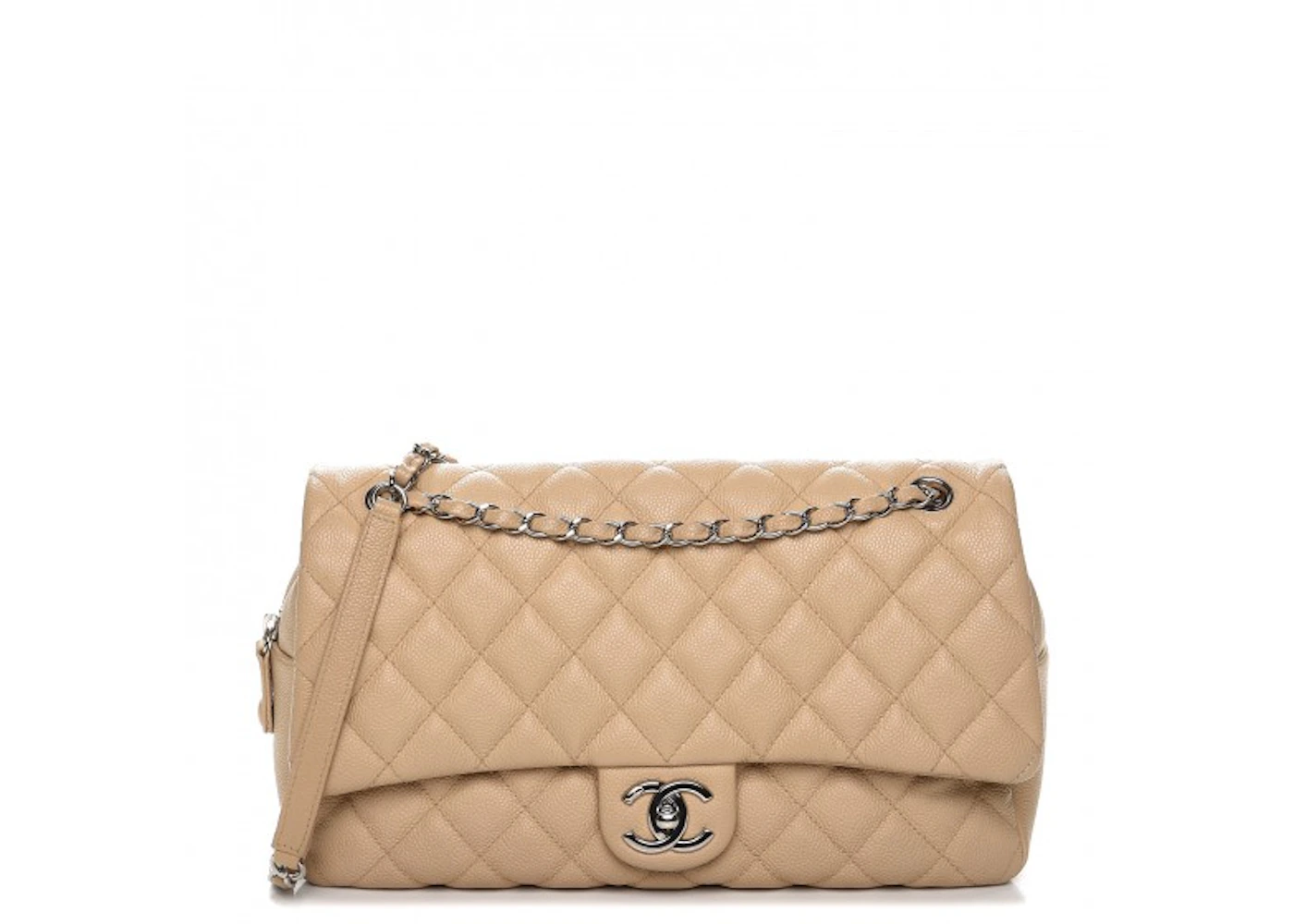 Chanel Easy Flap Quilted Diamond Jumbo Beige in Caviar with Silver