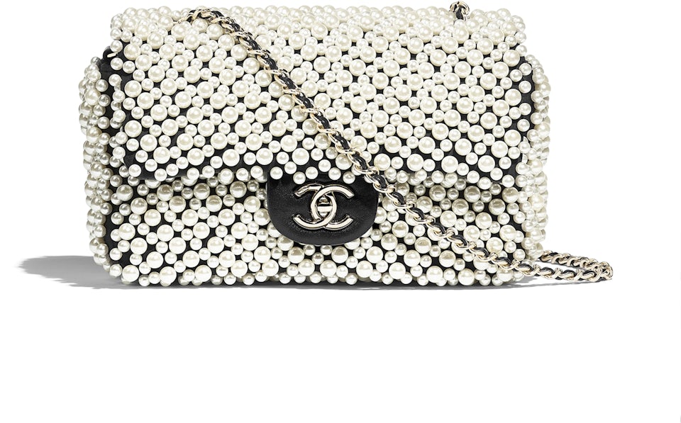 Chanel Pearl Mini Flap Bag Satin White Black in Imitation Pearls/Lambskin  with Gold-tone - DE