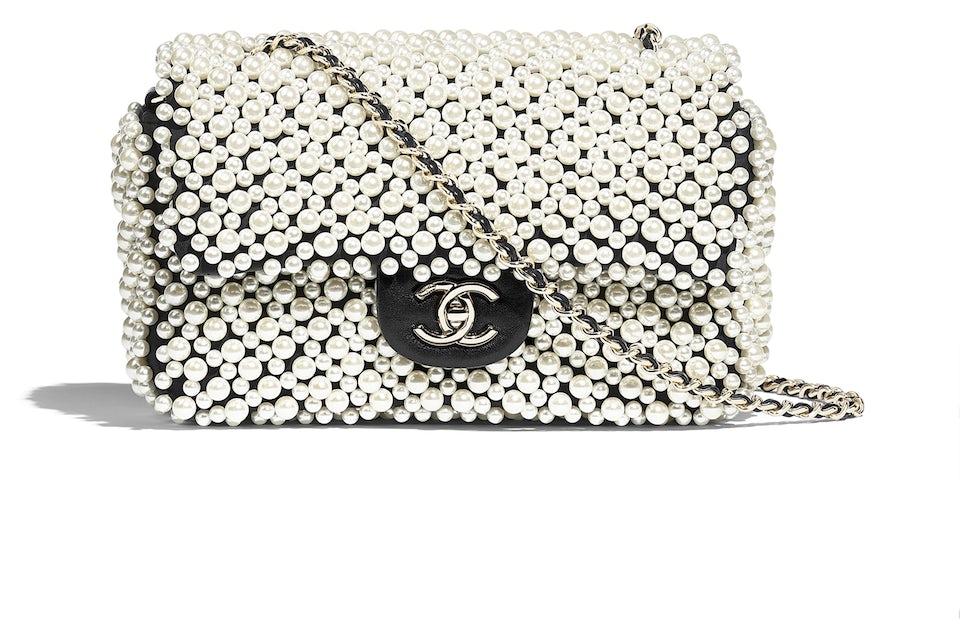 Chanel Pearl Mini Flap Bag Satin White Black in Imitation Pearls/Lambskin  with Gold-tone - DE