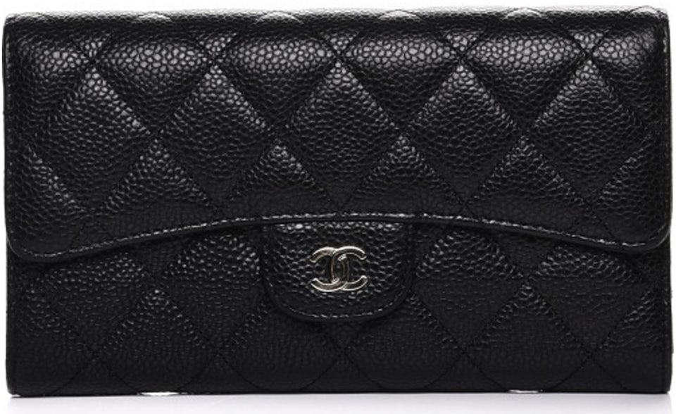 Authentic Chanel Black Iridescent Caviar Chevron Quilted Compact Flap Wallet