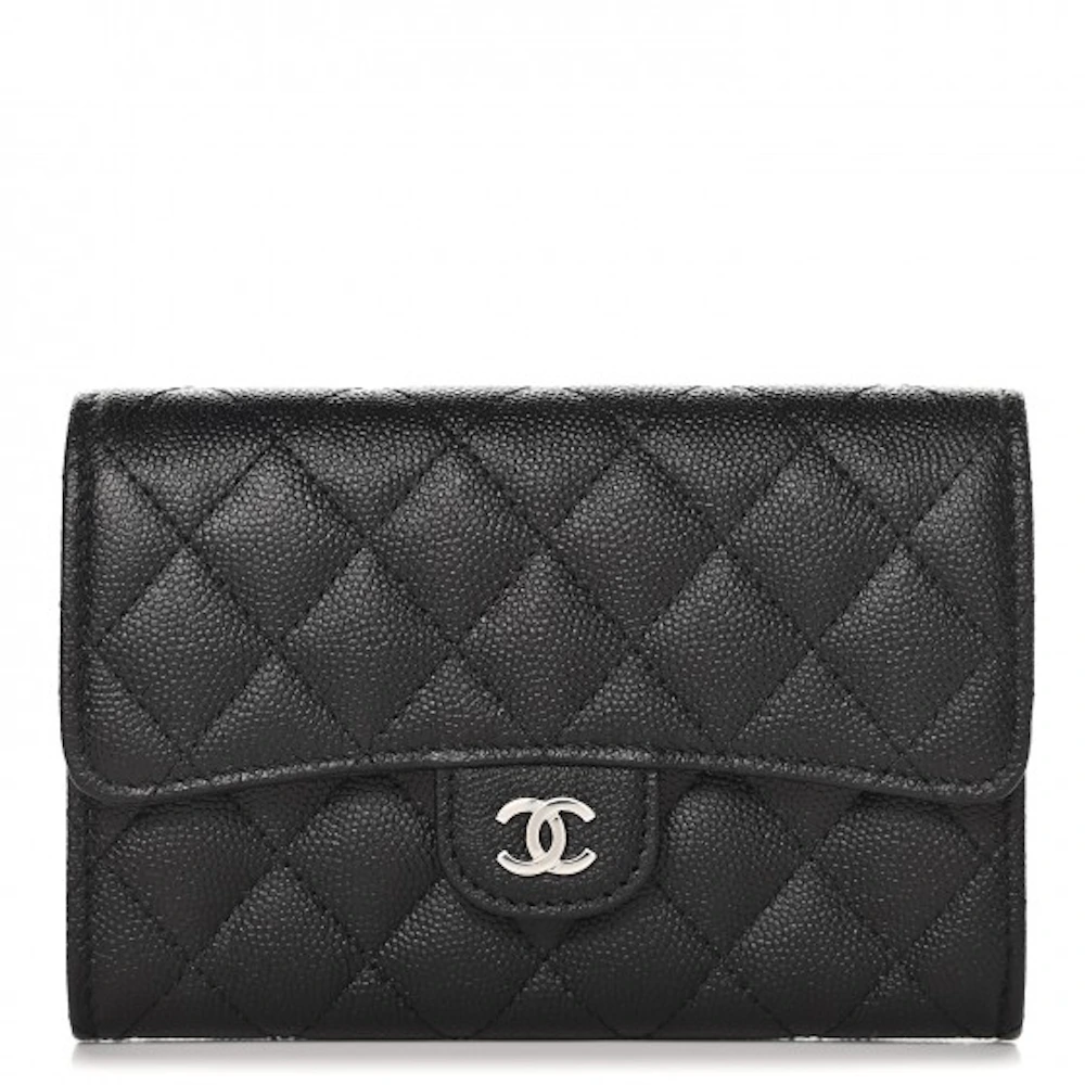 Chanel Flap Wallet Quilted Diamond Medium Black in Caviar with Silver-tone  - US