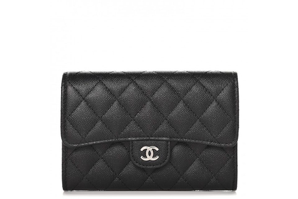Chanel Flap Wallet Quilted Diamond Medium Black in Caviar with Silver-tone  - US