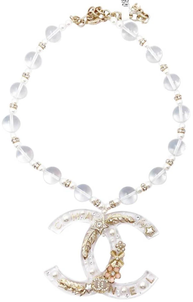 Chanel Flower CC Large Pendant Necklace Clear in Resin with Gold-tone - US