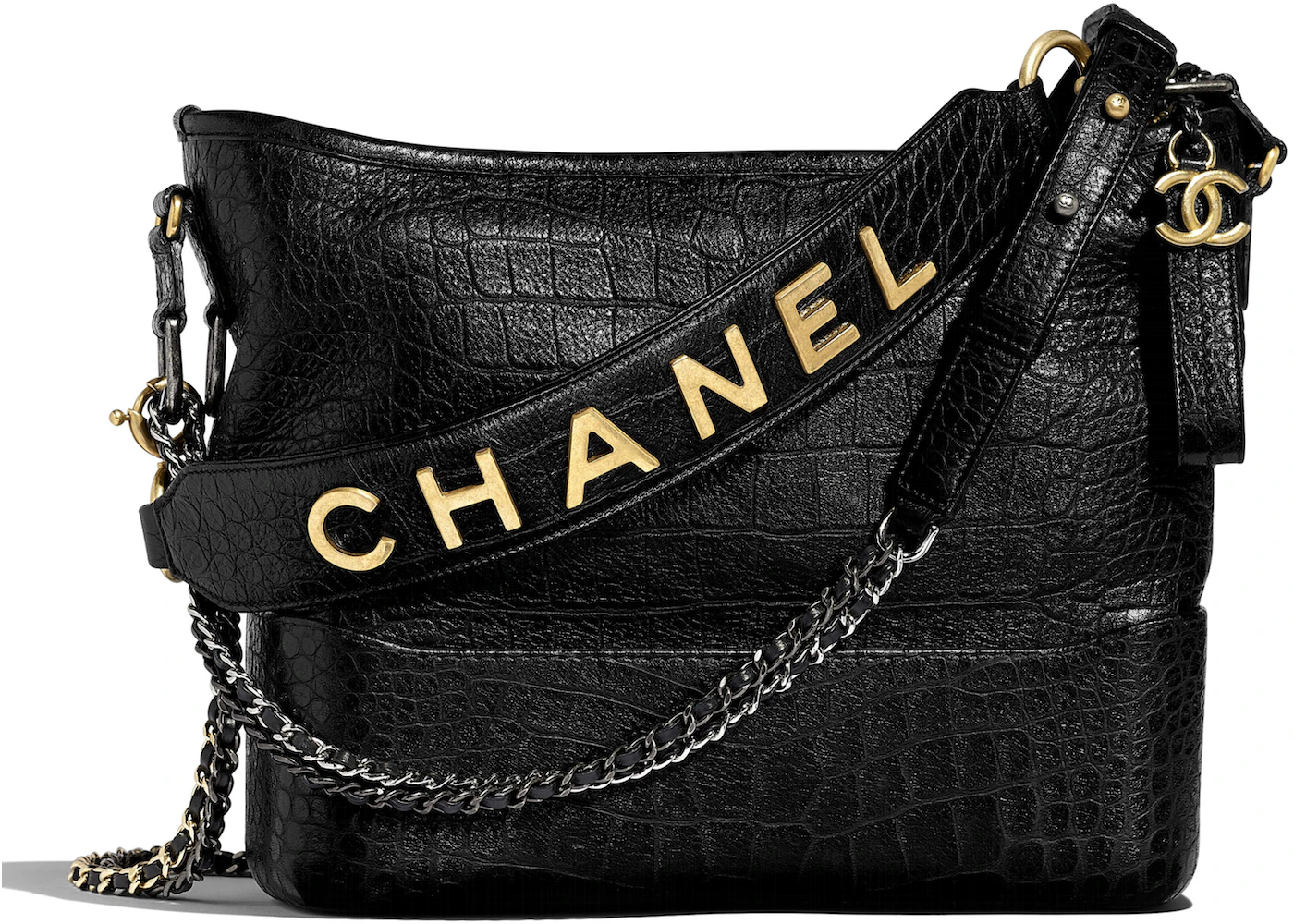 kalligrafi podning Indtægter Chanel Gabrielle Hobo Bag Crocodile Embossed Calfskin Gold/Silver-tone  Black in Calfskin with Gold/Silver-tone - US