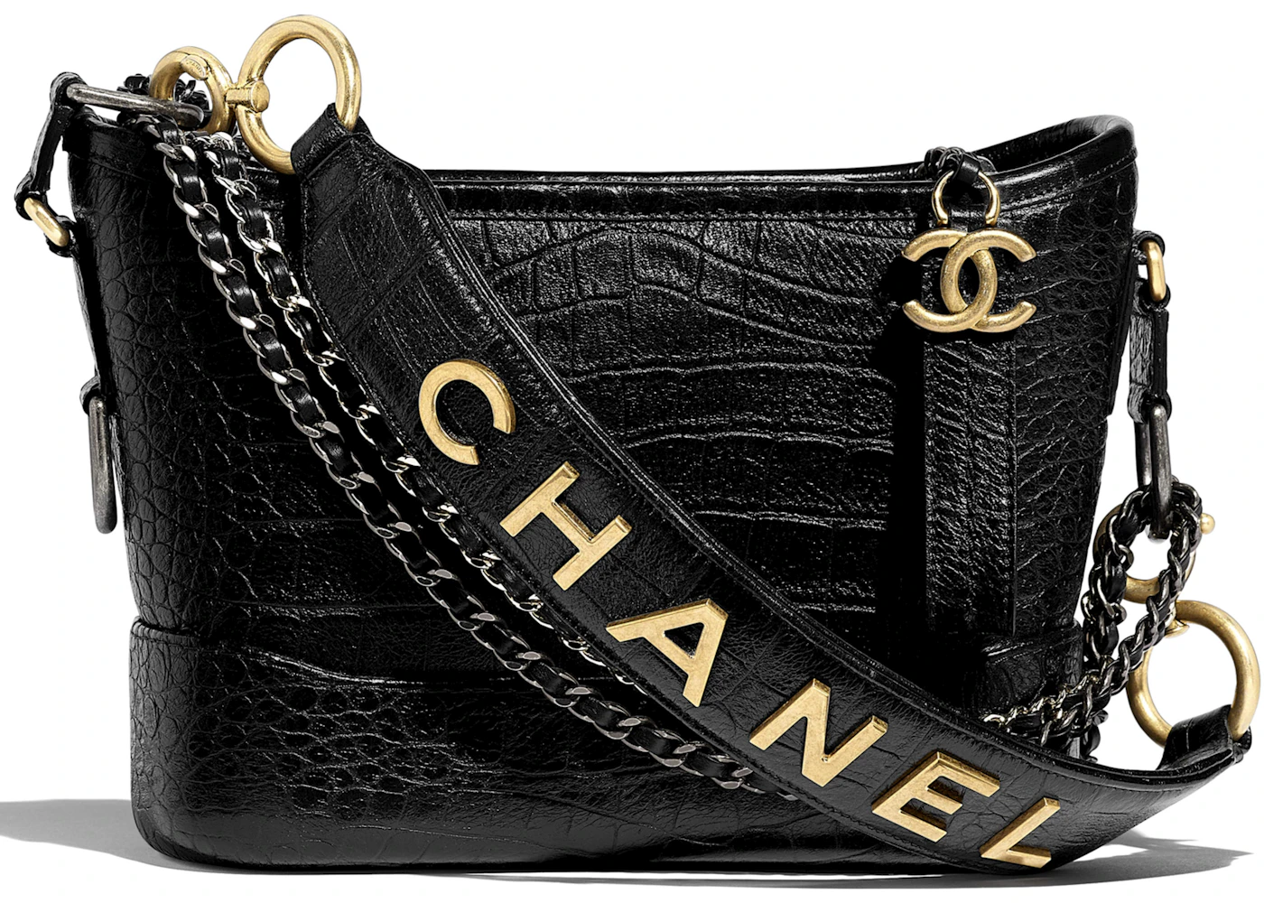 Chanel Gabrielle Hobo Bag Crocodile Embossed Calfskin Gold Silver Tone Small Black In Calfskin With Gold Silver Tone Us Chanel Gabrielle Hobo Bag Crocodile Embossed Calfskin Gold Silver Tone Small Black In Calfskin With Gold Silver Tone Us