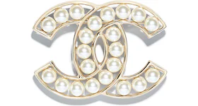 Chanel Glass Pearl CC Brooch Gold