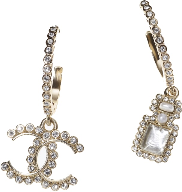 Pendant earrings - Metal, glass pearls & strass, gold, beige & crystal —  Fashion | CHANEL