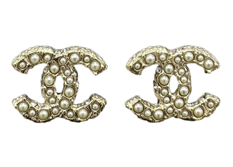 Chanel Gold Pearl Crystal CC Logo Earrings A64766 Gold Pearly