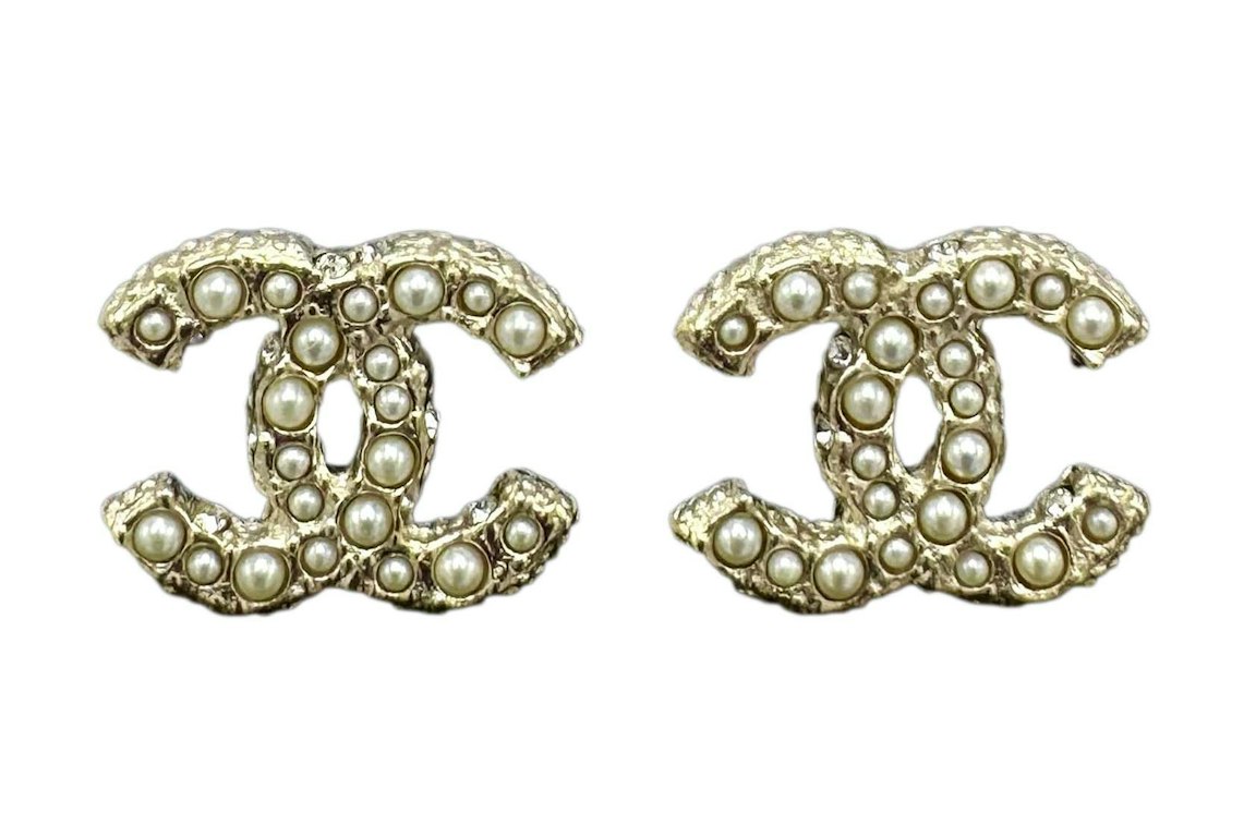 Pre-owned Chanel Gold Pearl & Crystal Cc Logo Earrings A64766 Gold/pearly White/crystal