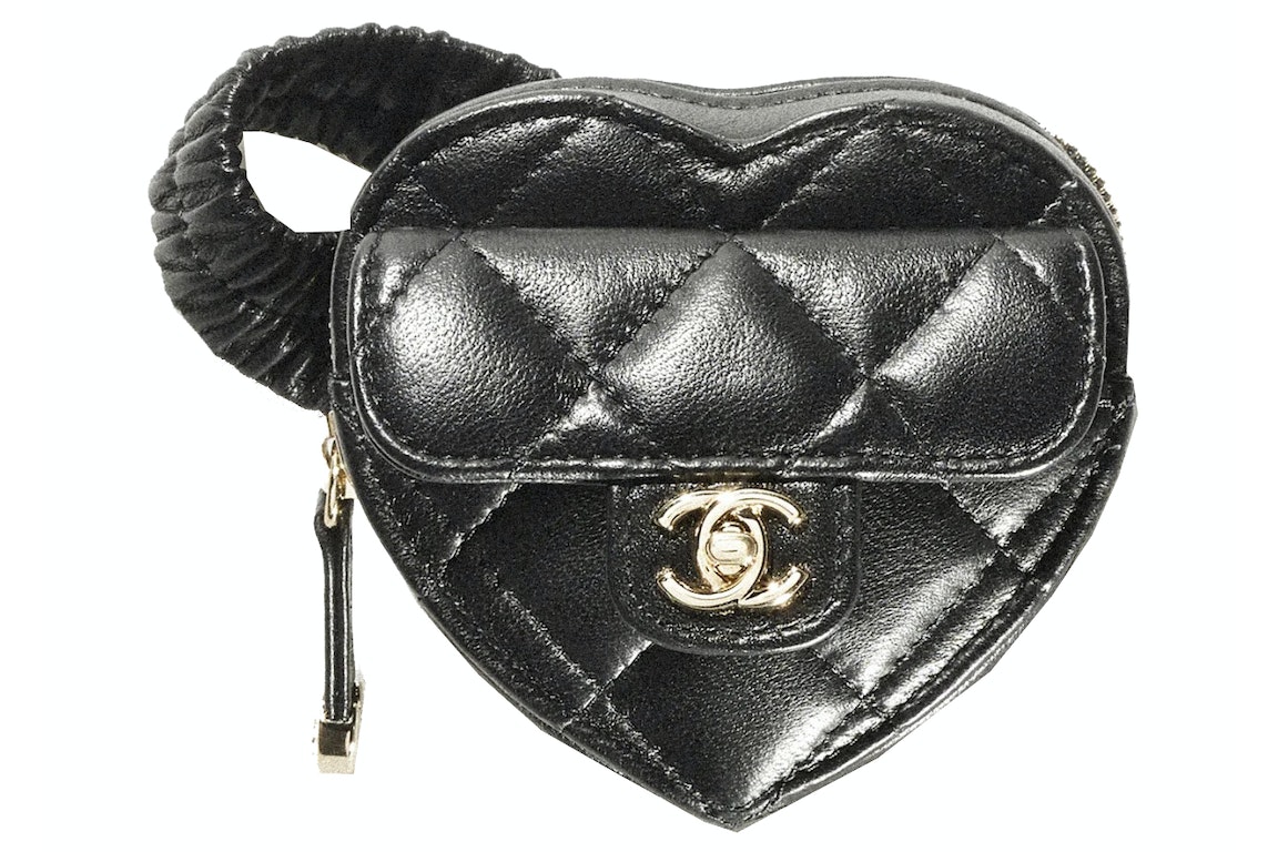 Pre-owned Chanel Heart Clutch With Chain 22s Black Lambskin