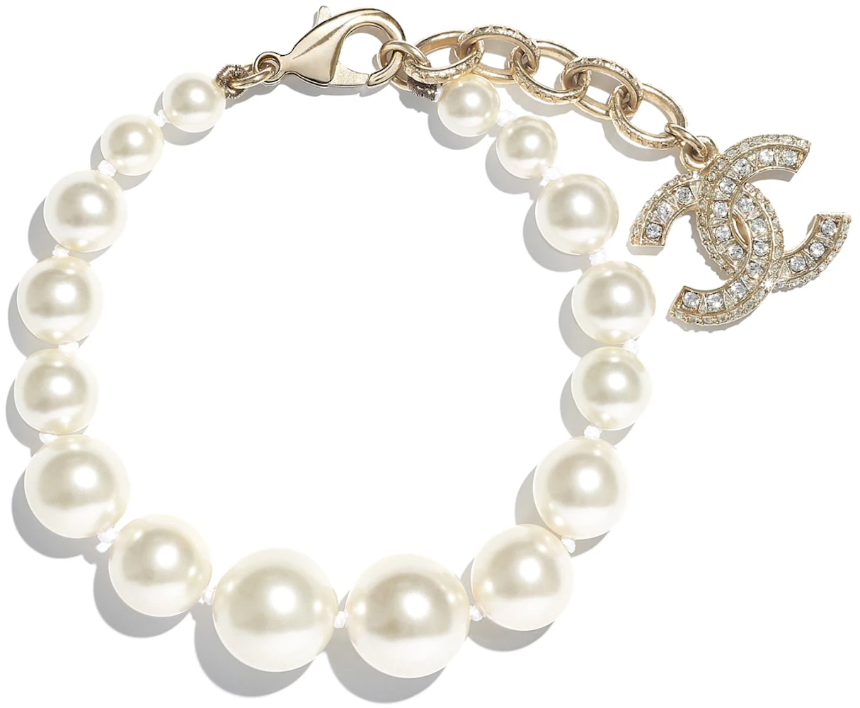 Chanel Interlocking Bracelet Gold/White/Crystal in Pearls/Strass US