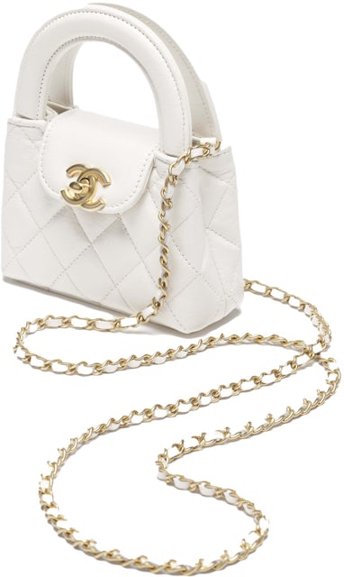 Clutch with chain - Shiny aged calfskin & gold-tone metal, white