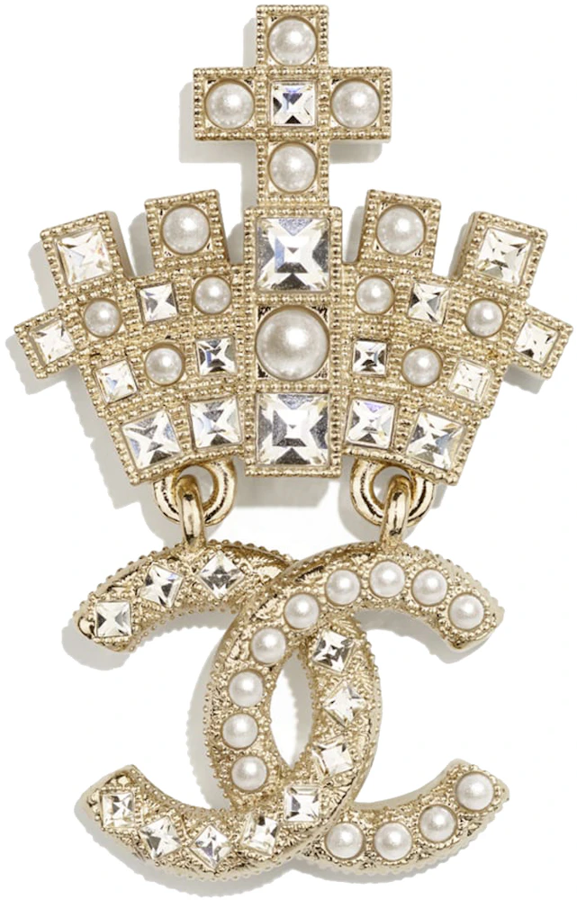 CHANEL GOLD CHANEL CC LOGO WHITE CRYSTALS CHARMS BROOCH PIN – Miami Lux  Boutique