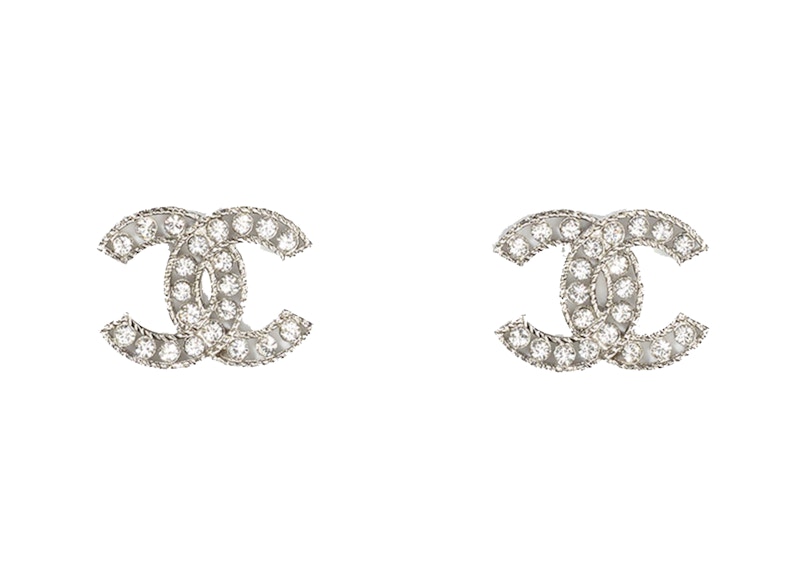 Chanel Logo Earrings Silver/Crystal in Silver Metal GB