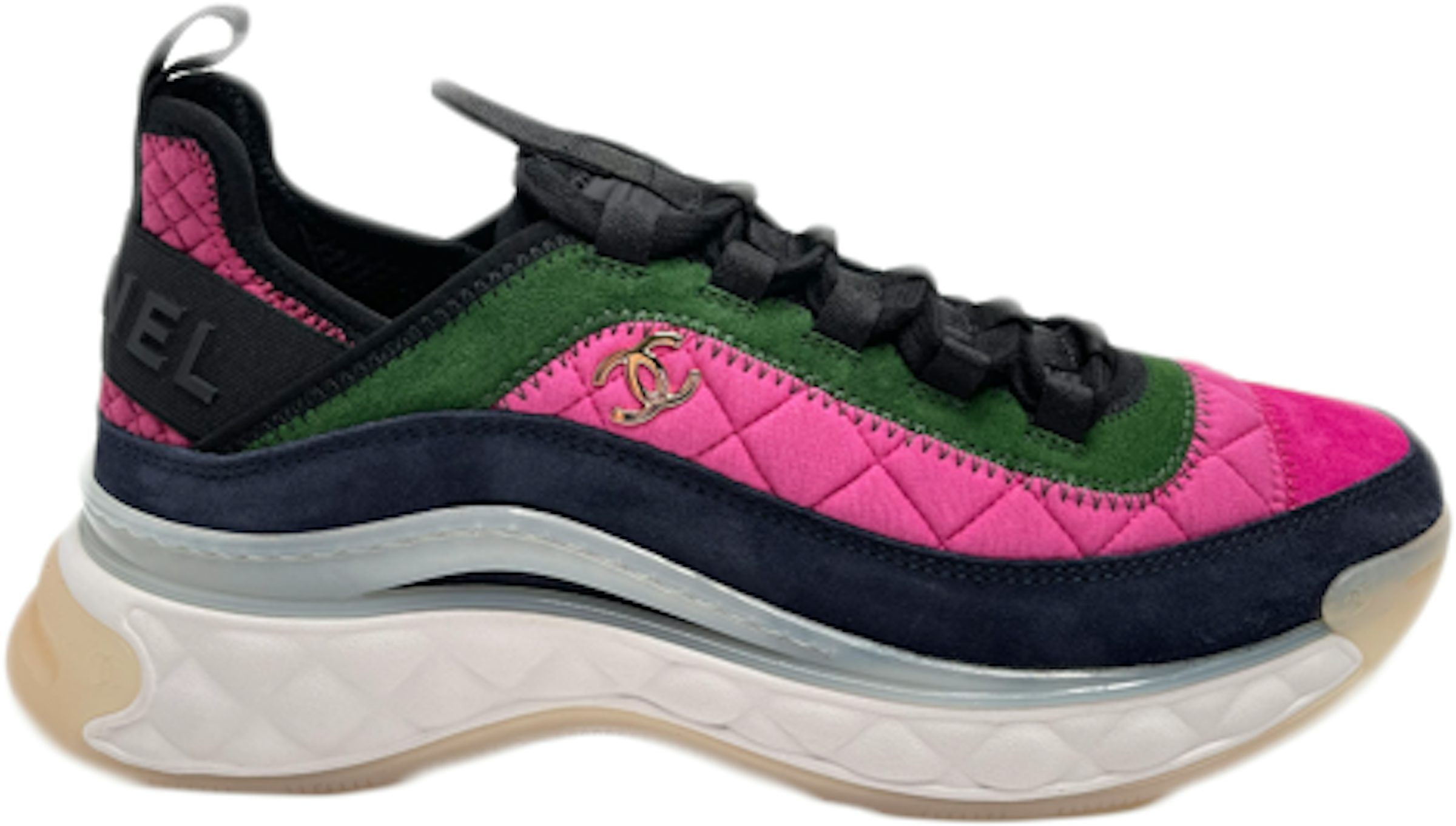CHANEL Nylon Lambskin Suede Calfskin CC Sneakers 39 Pink Orange Blue 710437