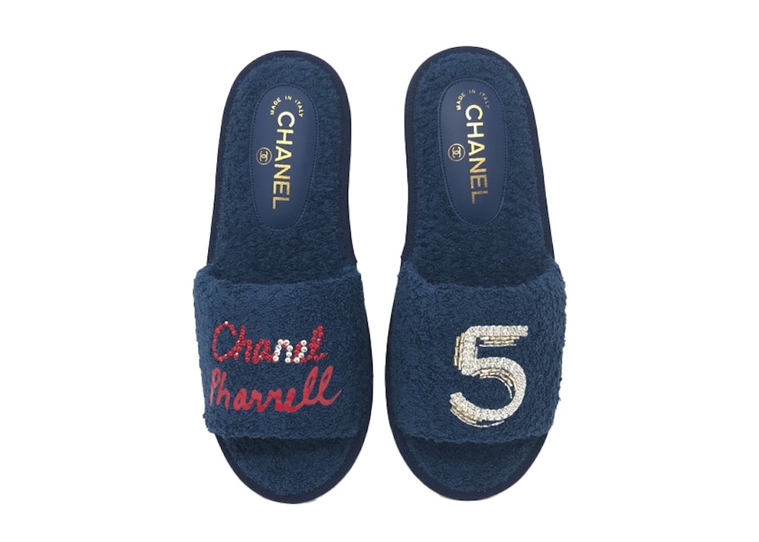 Pre-owned Chanel Marine Pharrell Slipper Navy Terry Cloth In Blue/multi