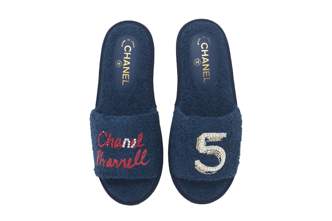 Pre-owned Chanel Marine Pharrell Slipper Navy Terry Cloth In Blue/multi