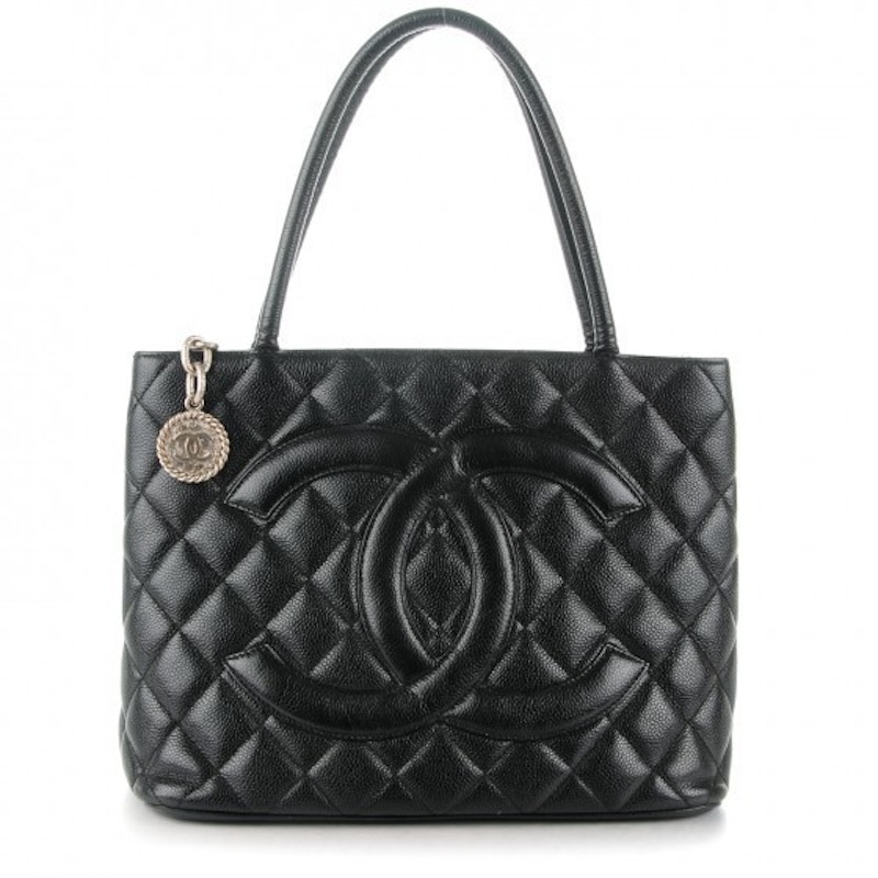 Chanel black quilted 2024 caviar leather medallion tote