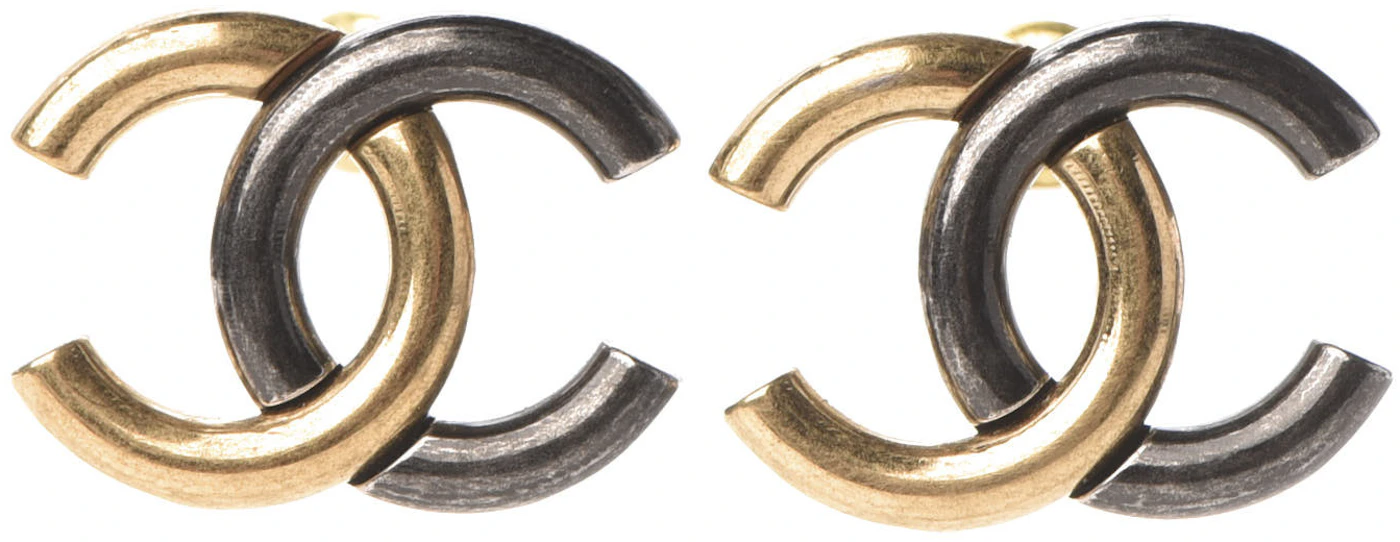 Chanel Metal CC Earrings Gold/Silver in Gold Ruthenium with Gold