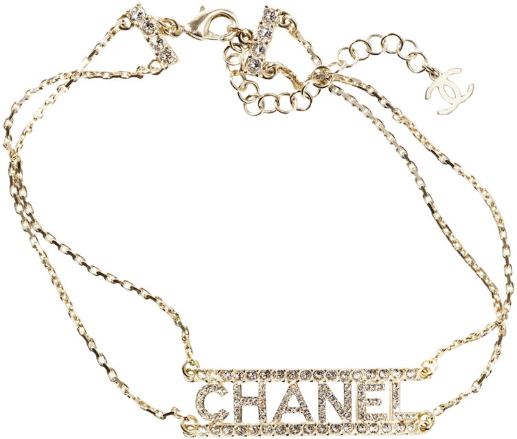 CHANEL Metal Lambskin Crystal CC Choker Necklace Black Gold 1299280