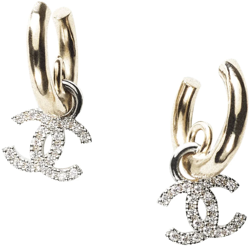 CHANEL CC Logo Hoop Earrings Gold Color With Crystals