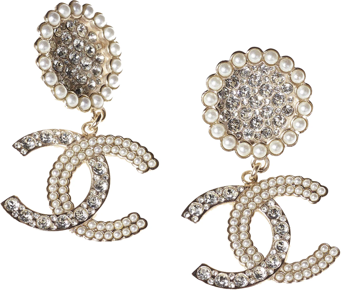 Pendant earrings - Metal, glass pearls & strass, gold, beige & crystal —  Fashion | CHANEL