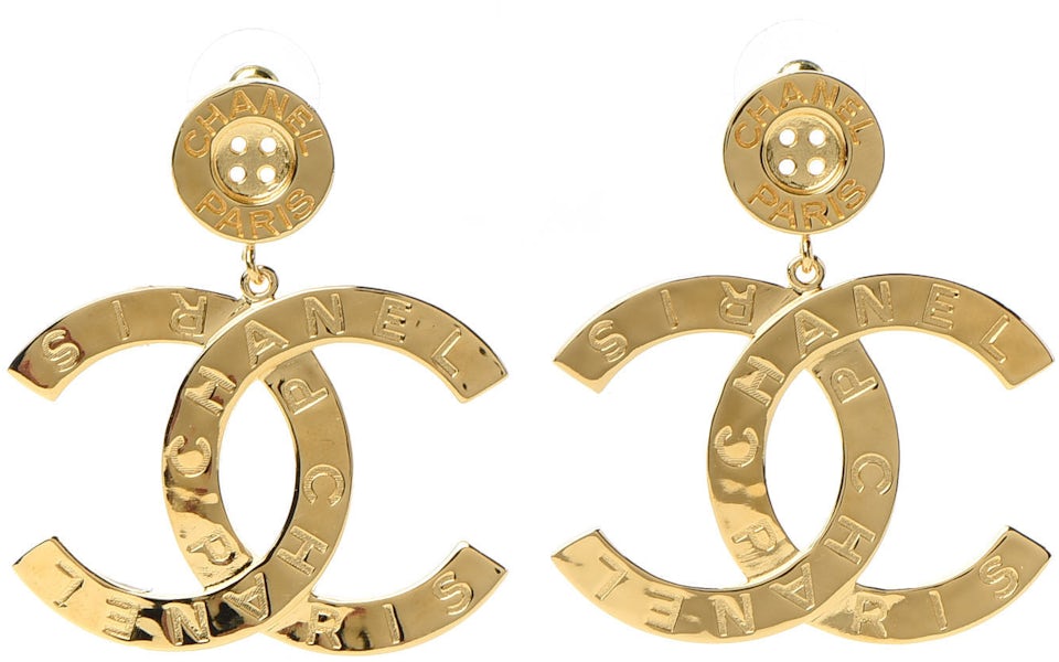 CHANEL Metal Large Paris Button Clip On Earrings Gold 550282