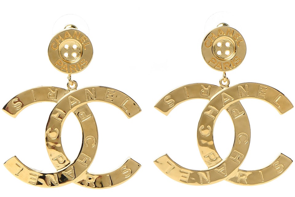 CHANEL Metal Large Paris Button Earrings Gold 1215375