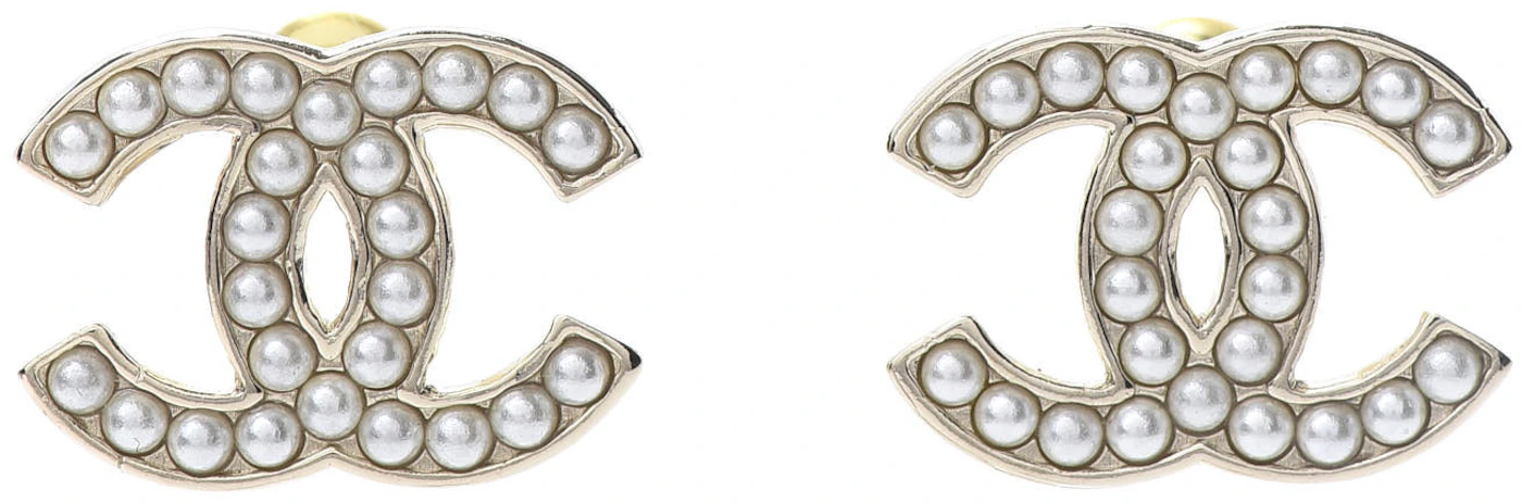 CHANEL CC Logos Pearl Rhinestone Hoop Stud Earrings Gold Tone A21C Auth  w/Box 