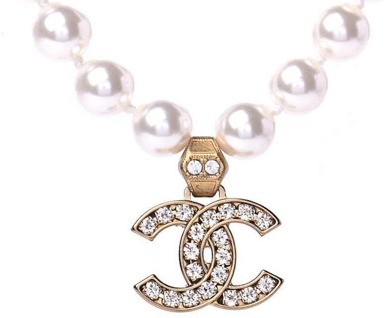 CHANEL Crystal Baguette Pearl CC Short Necklace Silver 104058