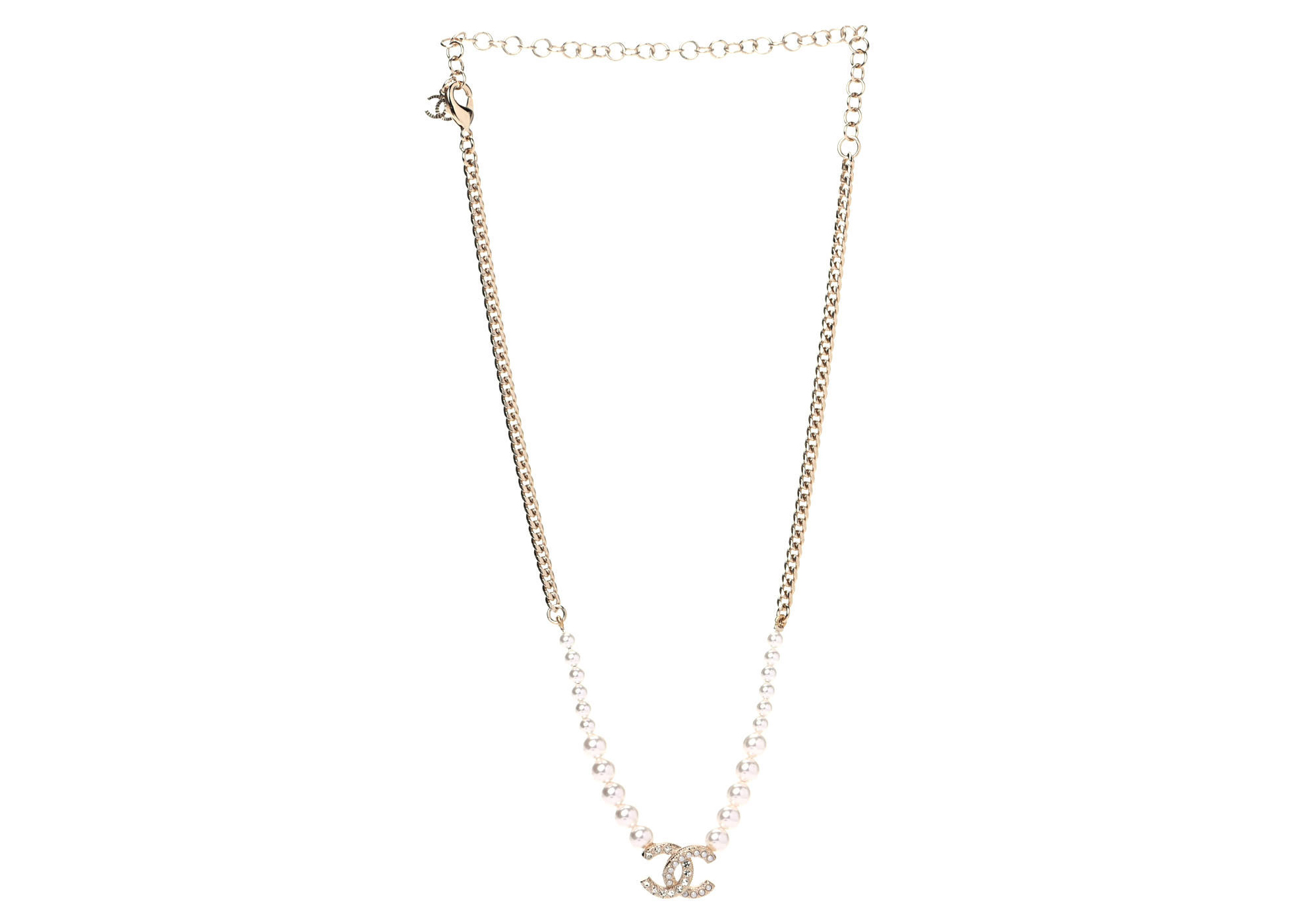 Chanel Pearl Crystal Chain CC Necklace Gold 2