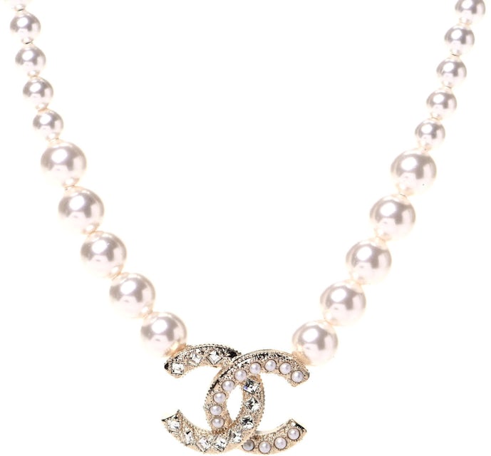 Chanel Pendant Necklace CC Logo Pearl Stone Rhinestone Light Gold Chain A12P 733