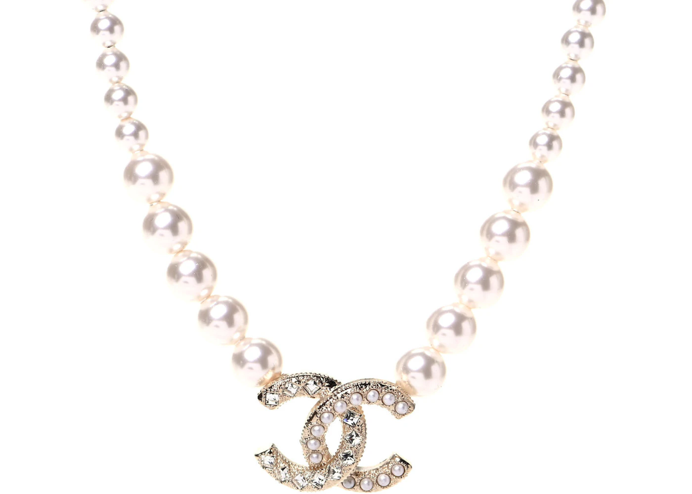 CHANEL TWISTED PEARL & CRYSTAL DOUBLE LOGO NECKLACE