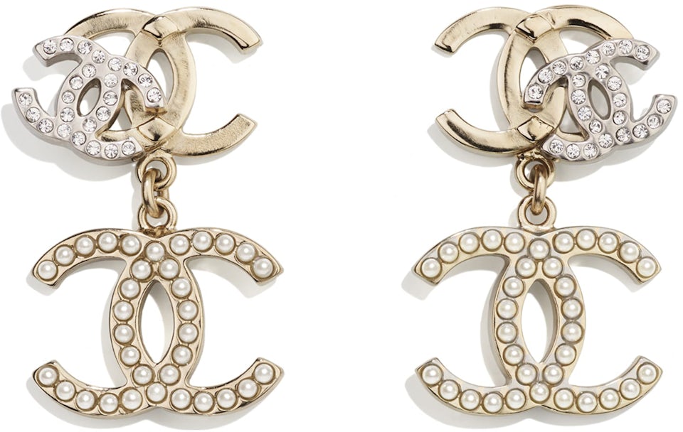 Chanel Logo CC Pearl Earrings Gold in Gold Metal - US