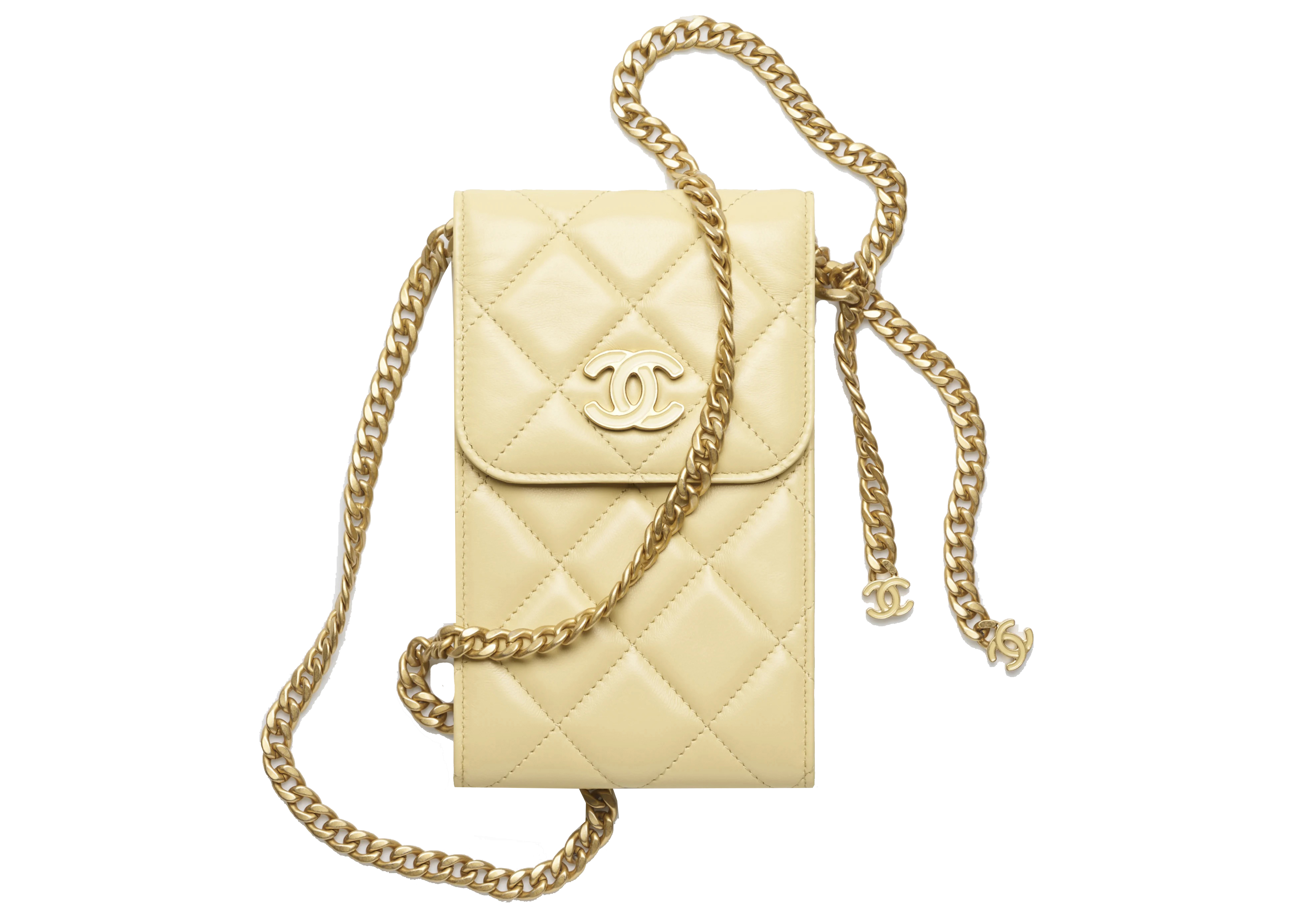 Chanel Phone Holder With Chain Light Yellow in Lambskin Leather - JP