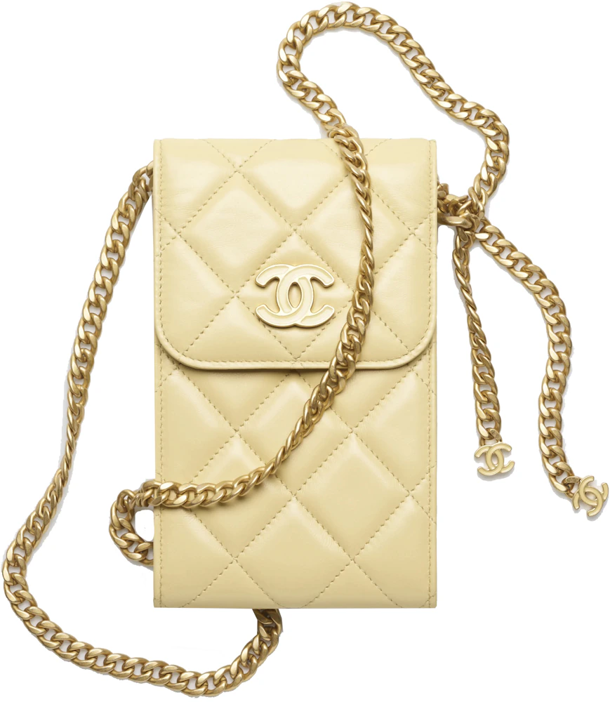 Chanel Phone Holder With Chain Light Yellow in Lambskin Leather - US