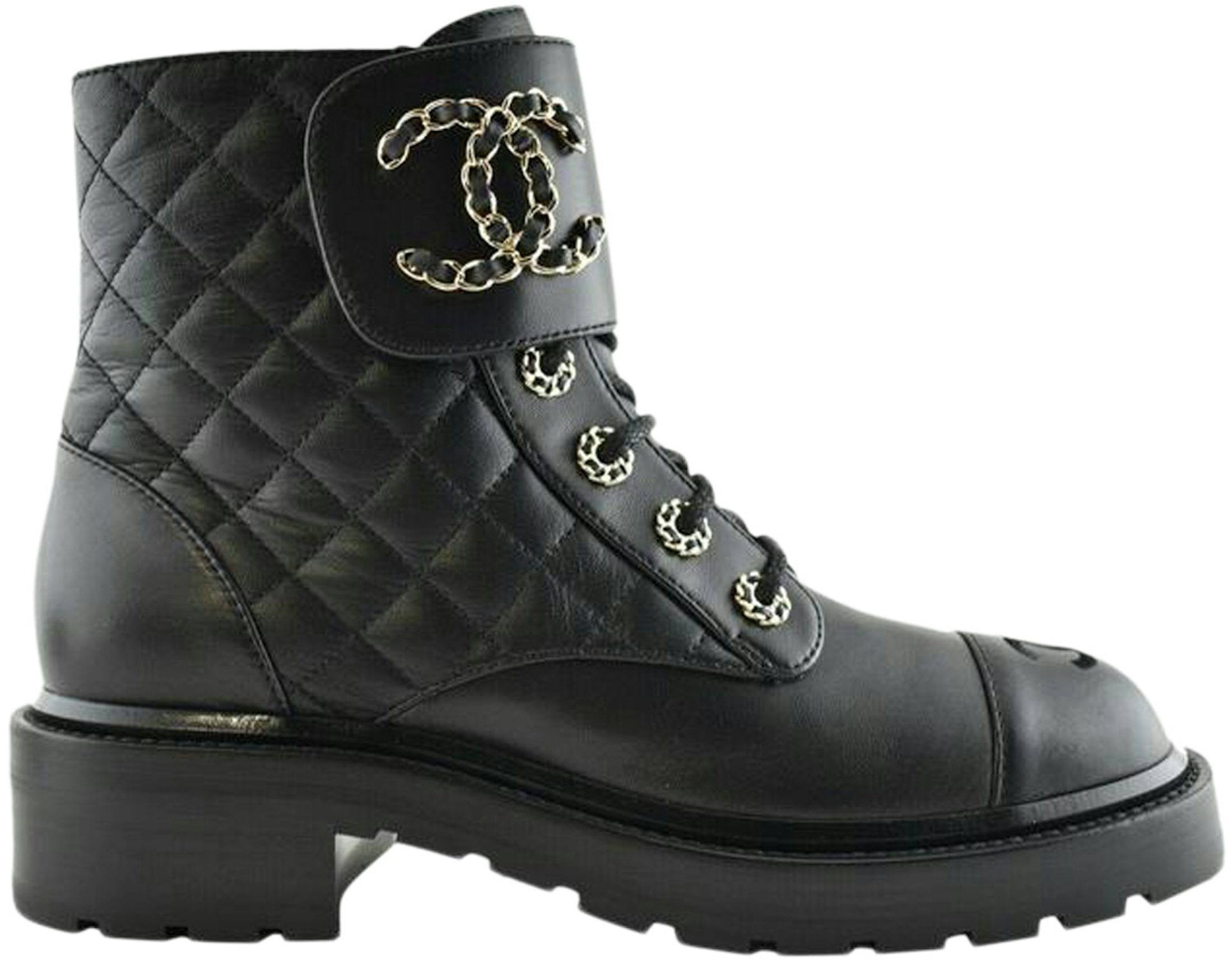 Auth 2023 Chanel Combat Boots Black 38 Shiny Patent Calfskin Quilted Lace Up