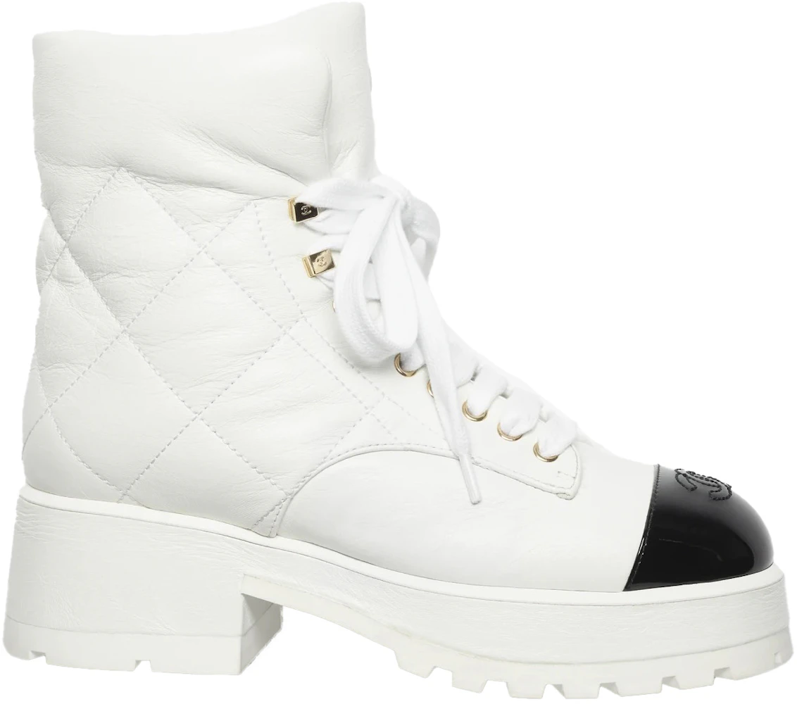 Chanel Quilted Lace Up 50mm Combat Boots White Crumpled Patent