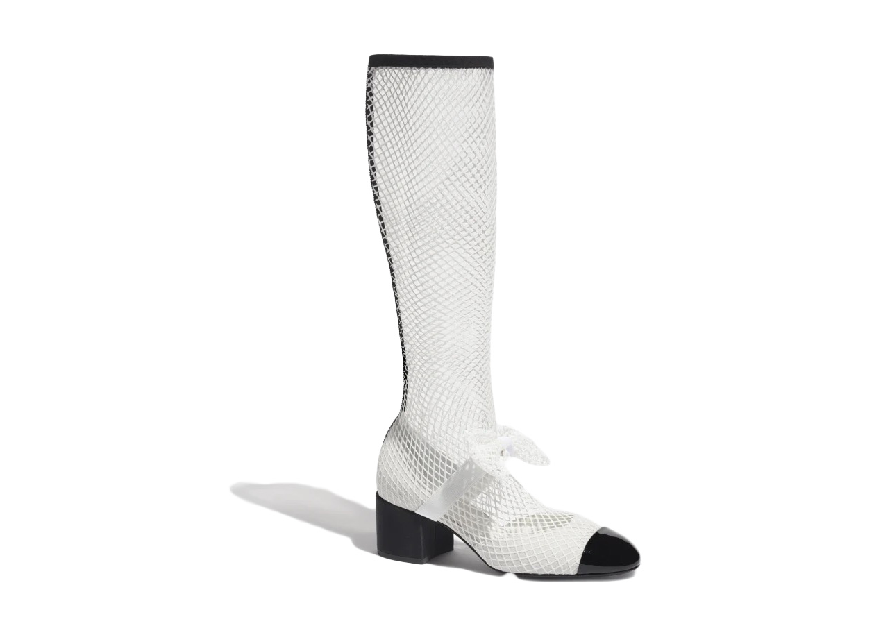 Chanel Resille 55mm Knee High Mary Janes White Black Patent