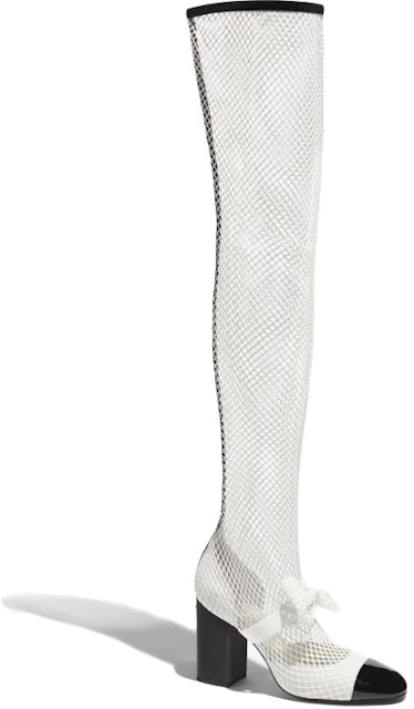 Chanel Resille 90mm Thigh High Mary Janes White Black Patent Calfskin -  G40105 Y56613 K5928 - US