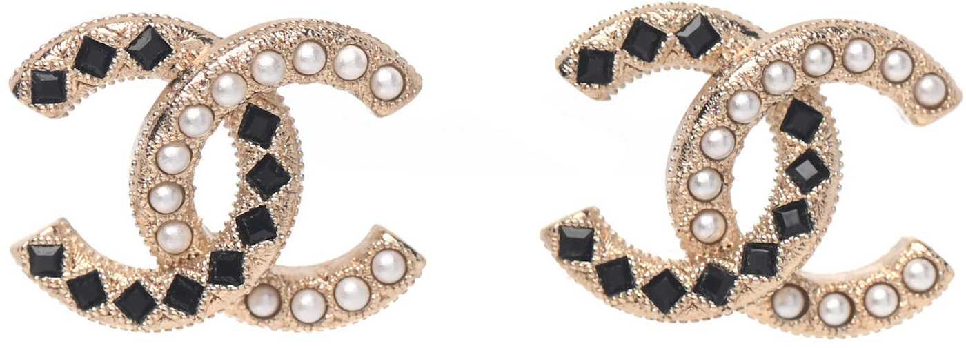 Chanel CC Logo Silver and Black Rhinestone Dangle Earrings