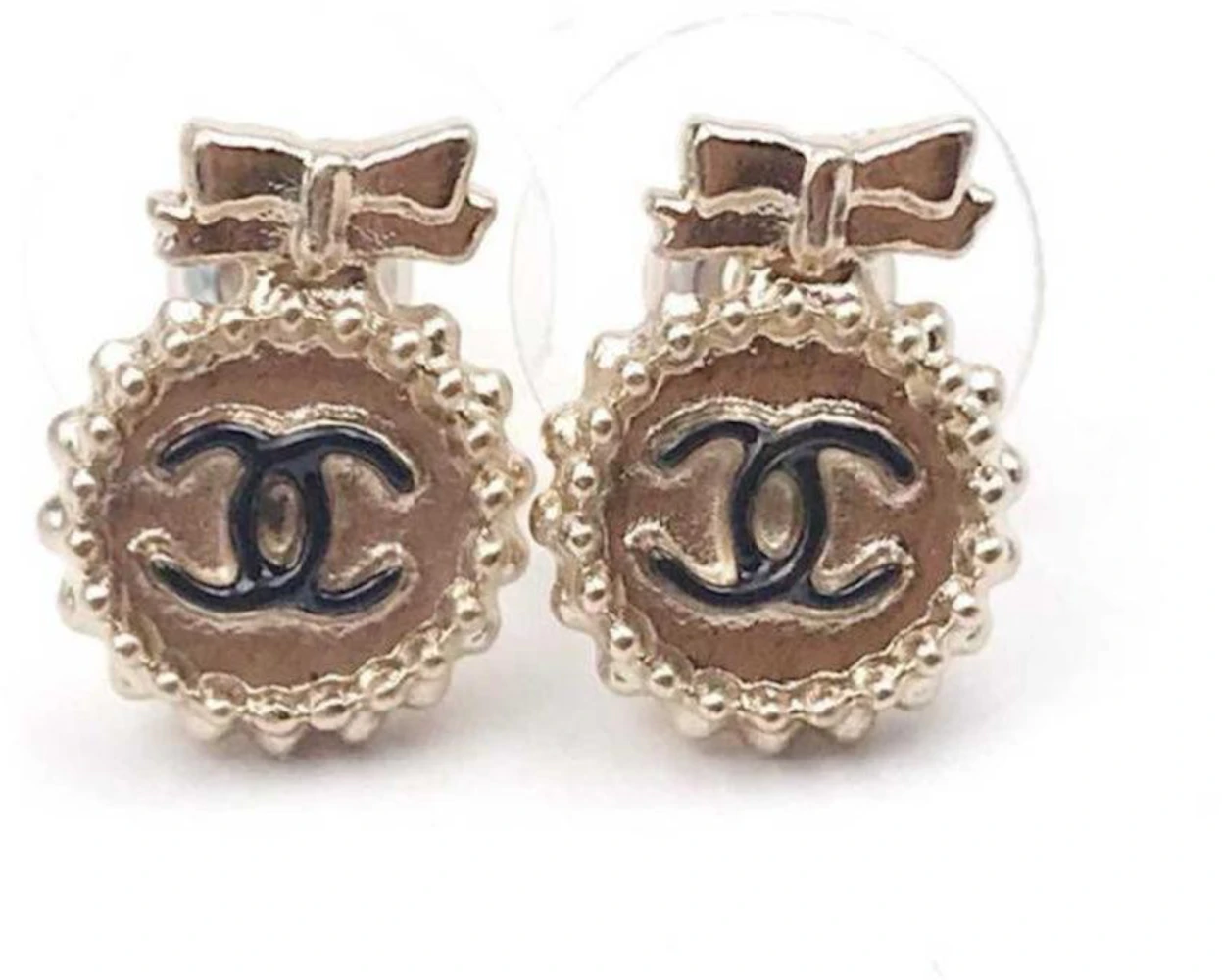Chanel Round Button Bow Earrings Black/Gold in Metal with Gold