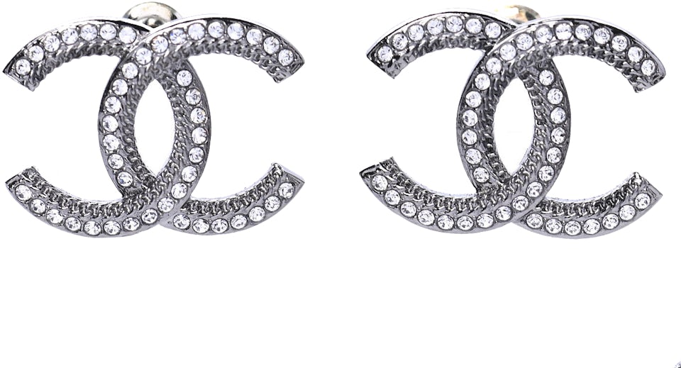 Chanel 22C Ruthenium Crystal Camellia CC Logo Large Statement Drop Stud  Earrings